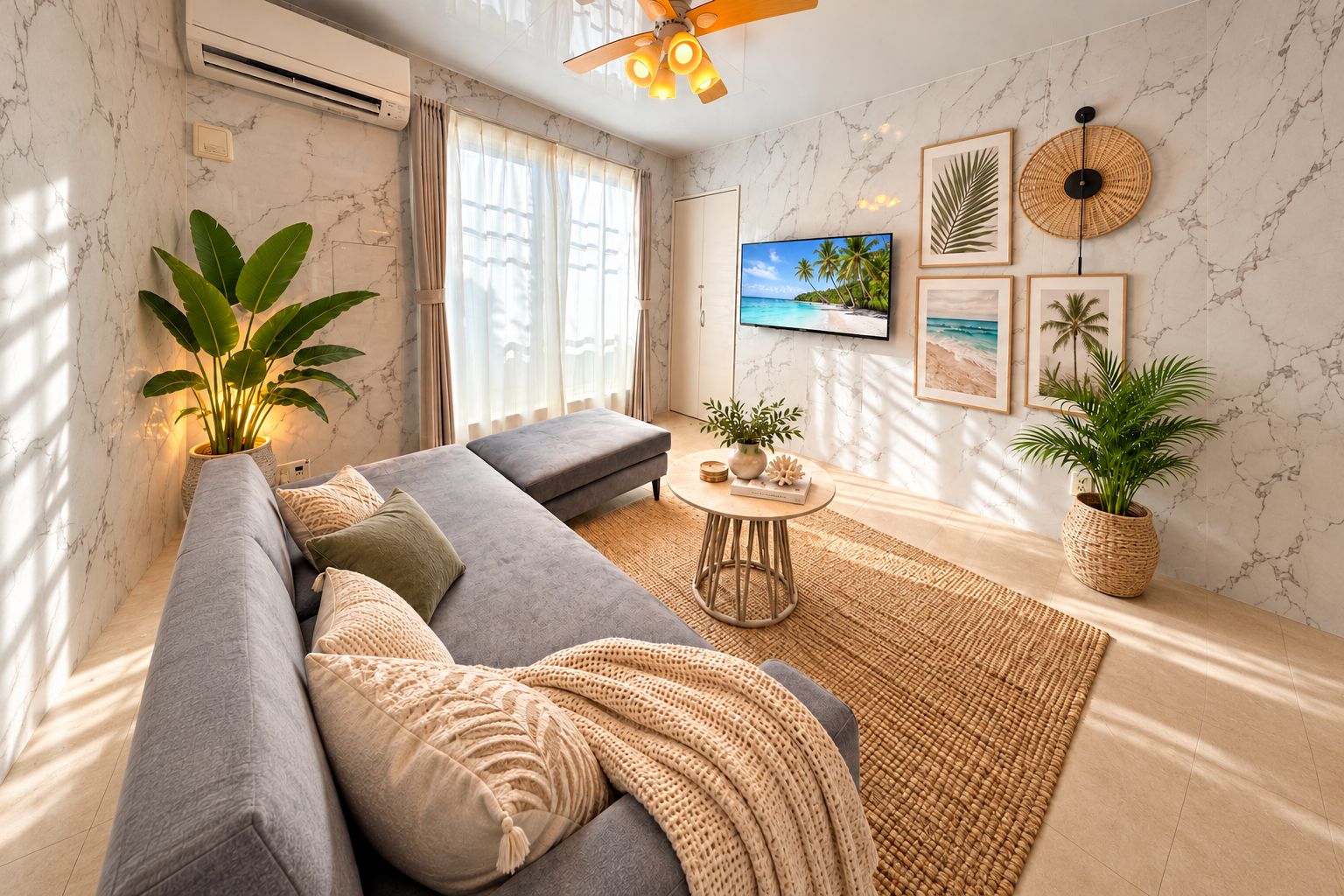 A modern living room with a grey sofa, a small round table, and a TV on the wall.
