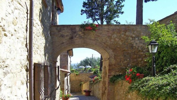 A stone archway leading to a narrow alley with potted plants and a lamp post.