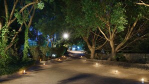 Un chemin bordé d’arbres et illuminé par des bougies, qui mène à un bâtiment.