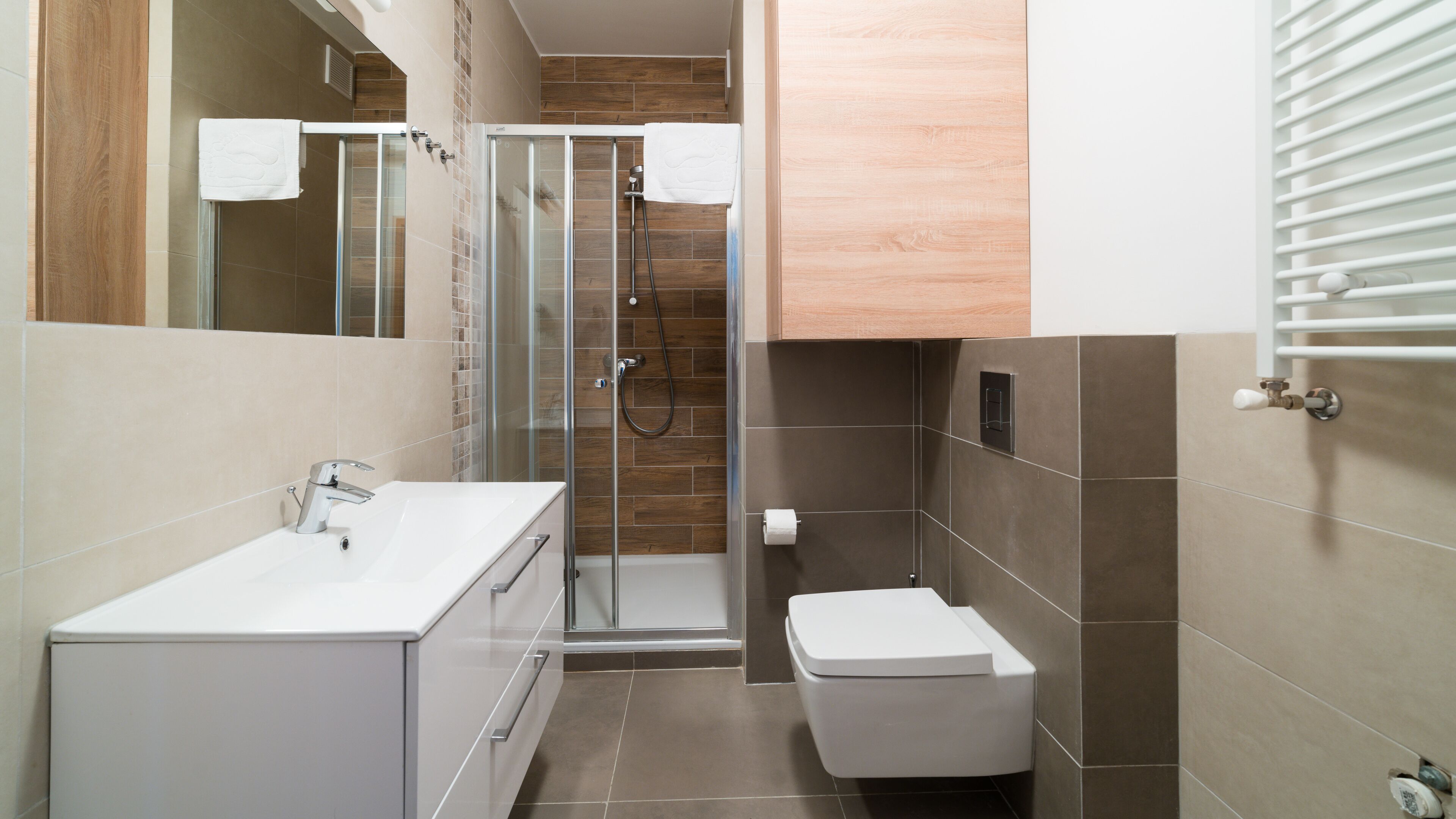 A modern bathroom with a glass shower enclosure, a white sink, and a toilet.