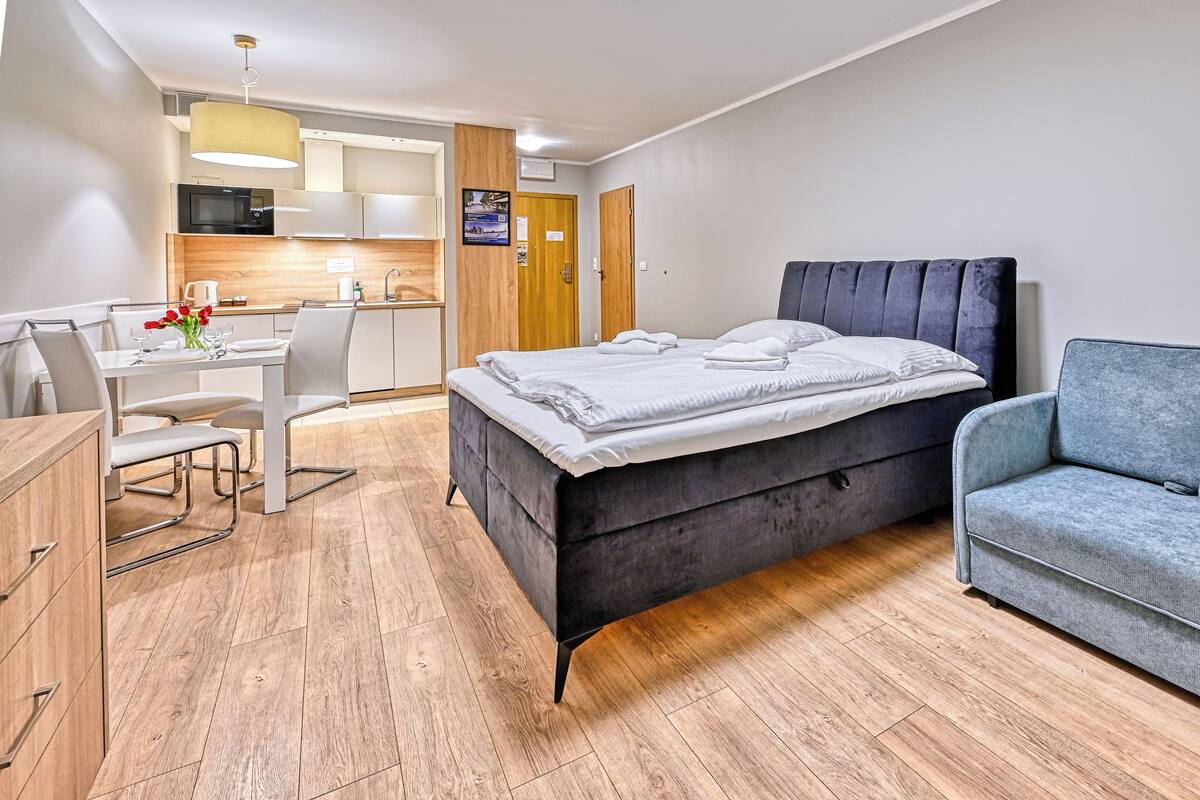 Un dormitorio moderno con cama, sofá, escritorio y kitchenette.
