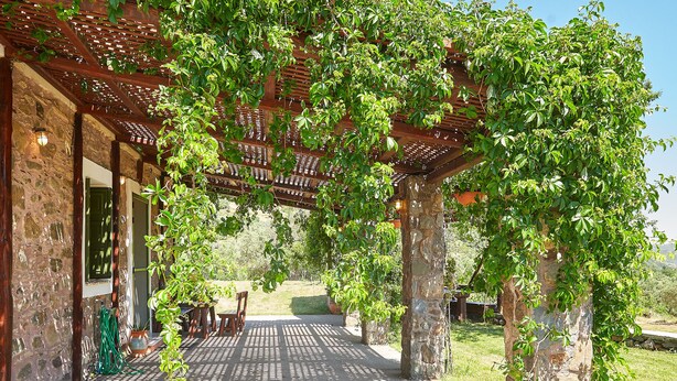 A covered outdoor patio with stone pillars, a pergola, and potted plants. - Authentic Cottage in a heaven of natural Beauty (Sempronas / Chania)