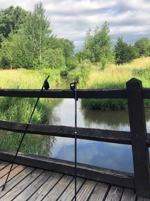 Puinen terassi, jolta avautuu näkymä rauhalliselle joelle, ja taustalla on tiheää kasvillisuutta sekä puita.