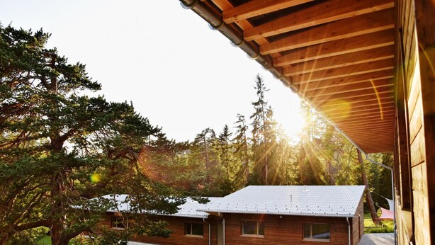 A modern wooden cabin with a sloped roof, surrounded by a well-maintained lawn and tall trees.