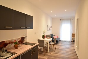 Apartament de disseny | Cuina bàsica privada | Frigorífic, microones i placa de cuina