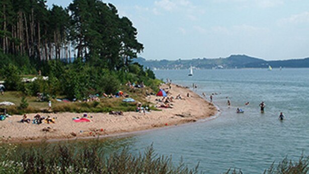A beach with people swimming and sunbathing, surrounded by trees and a clear sky. - Landgasthaus Zum Mönchshof (Wolframs-Eschenbach)