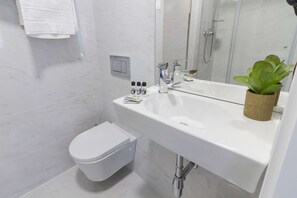 Dusche, Haartrockner, Handtücher, Seife