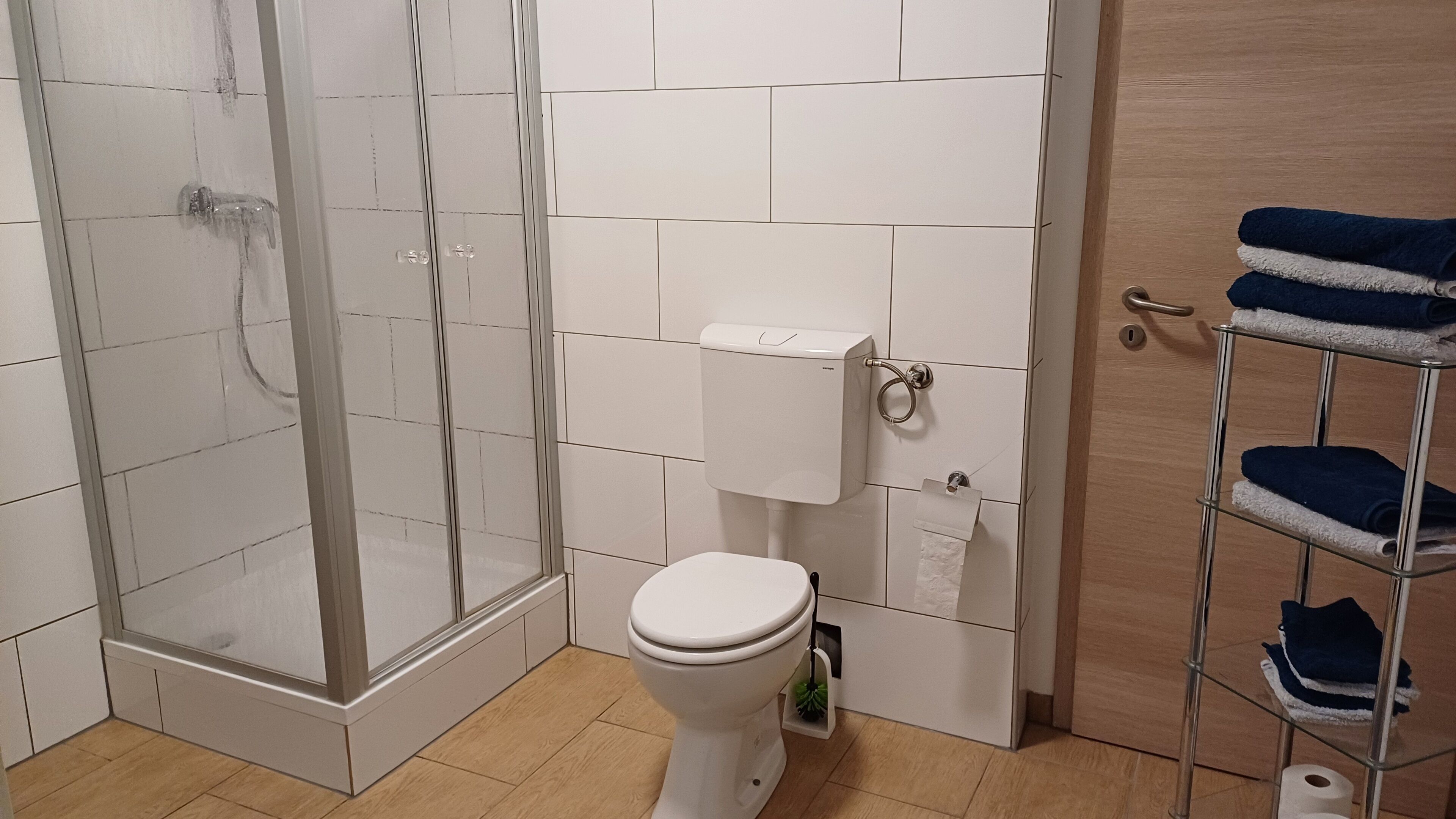 A bathroom with a glass shower enclosure, a toilet, and a towel rack with folded towels.