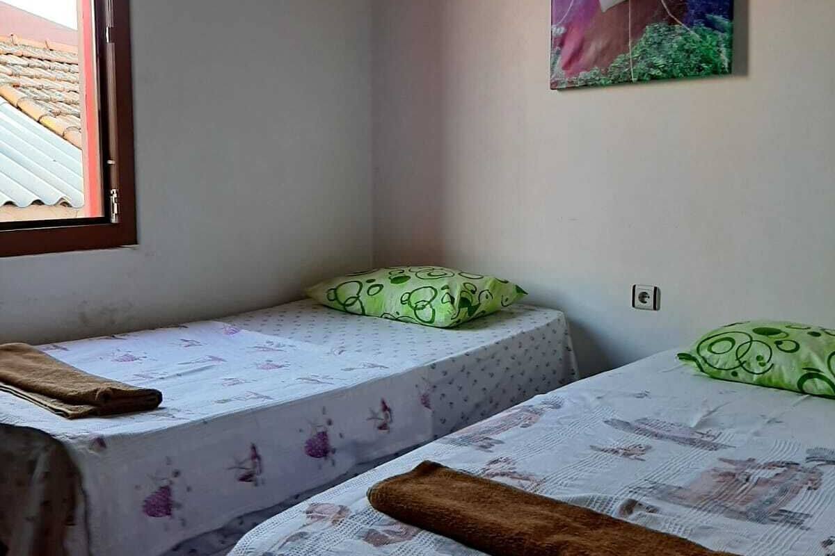 A bedroom with two single beds, a window, and a painting of a coastal scene.