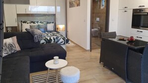 Un apartamento moderno con sala de estar, kitchenette y un dormitorio.