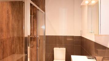 A modern bathroom with a glass-enclosed shower, a toilet, and a sink with a mirror.