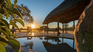A serene pool area with a thatched-roof structure, surrounded by lush greenery and a clear sky. - Ohorongo Tented Camp (Kamanjab)