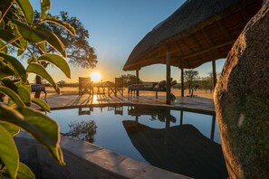 Una piscina al aire libre, sillones reclinables de piscina