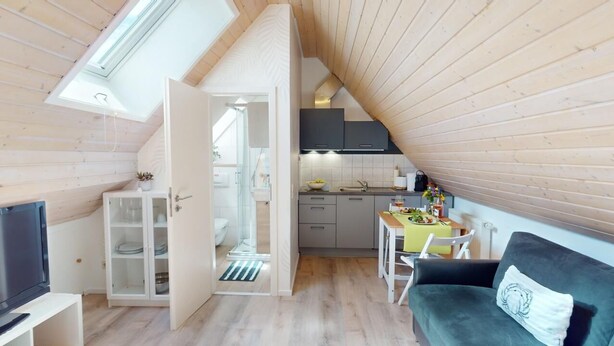 A compact living space with a kitchen, dining area, and a cozy seating area.