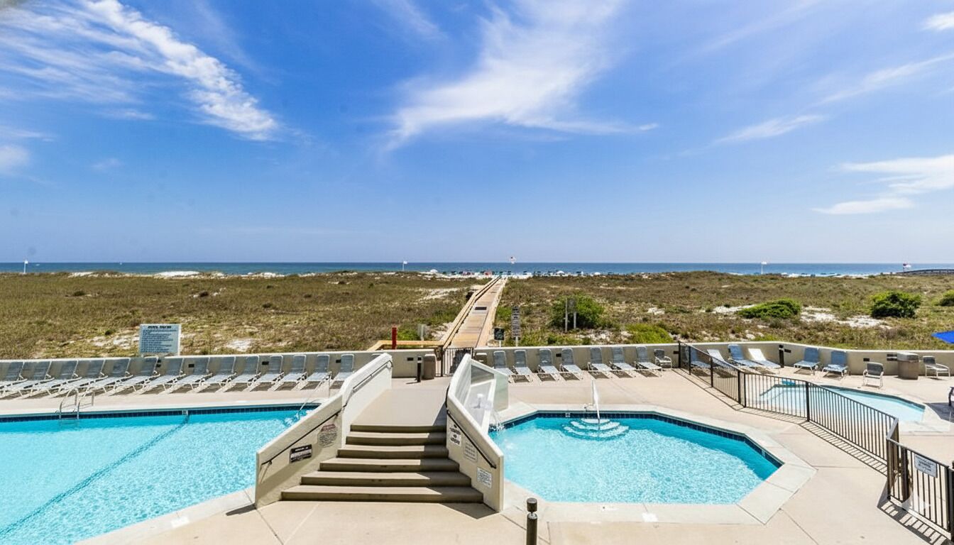 Un espace piscine comprenant deux piscines, un escalier menant à la piscine et une vue sur la plage et l’océan.