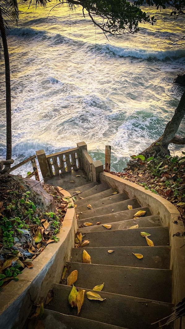 Un escalier en béton descend vers une côte rocheuse où les vagues s’écrasent.