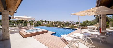 A rooftop pool area with a hot tub, sun loungers, and umbrellas.