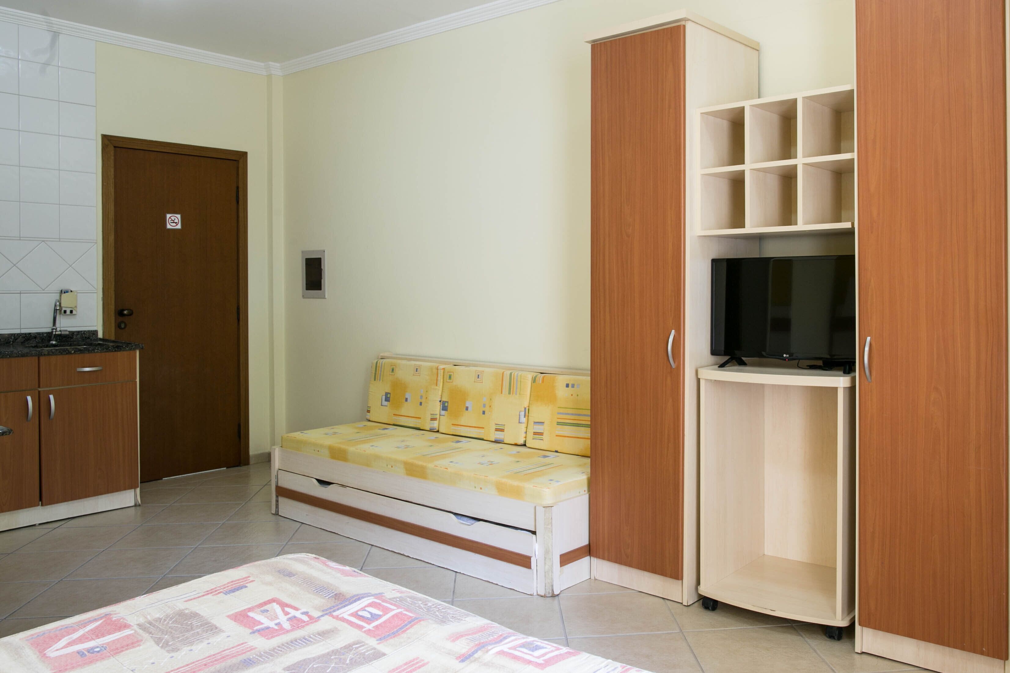 A compact living space with a kitchenette, a sofa bed, a television on a stand, and built-in wooden shelving.