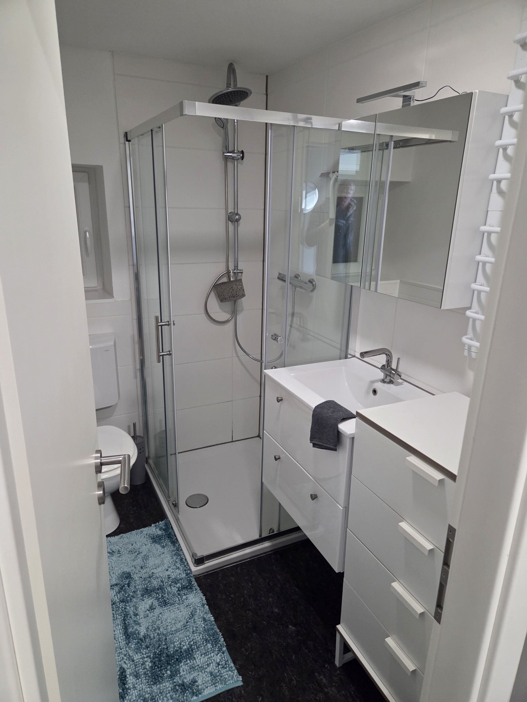 A modern bathroom with a glass-enclosed shower, a white sink, and a mirror.