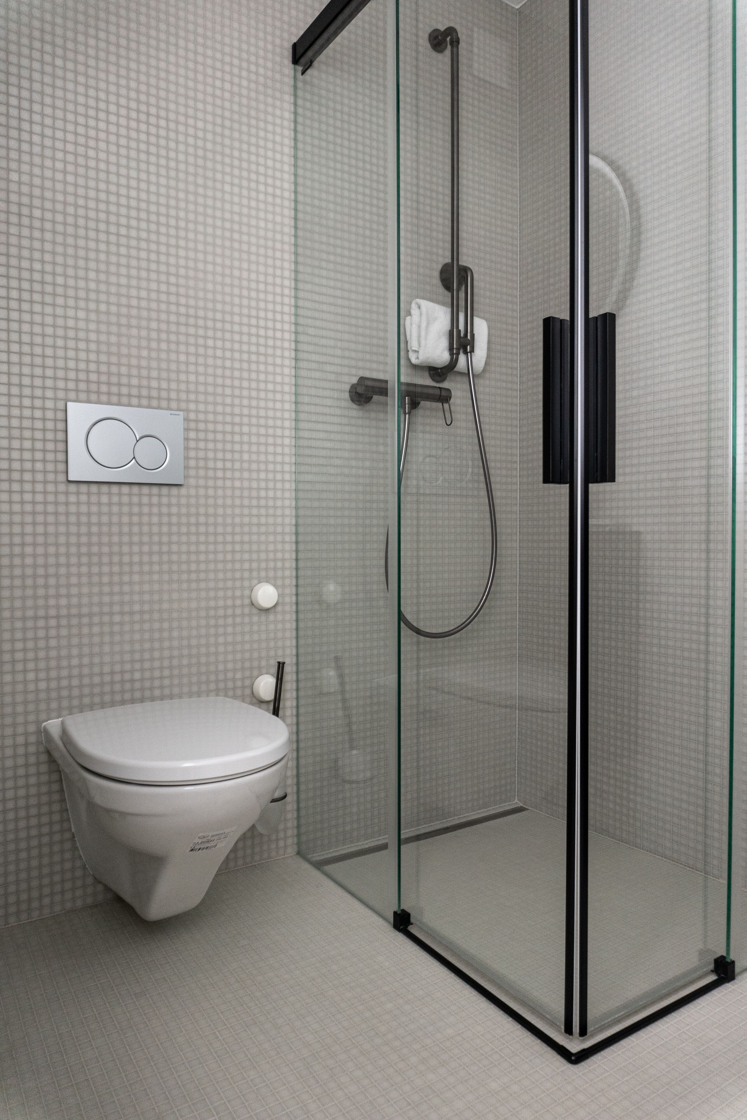 A modern bathroom with a glass-enclosed shower, a toilet, and a towel rack.