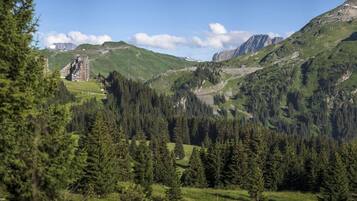 Un paysage montagneux avec de vastes forêts, un grand bâtiment à étages multiples et un ciel dégagé.