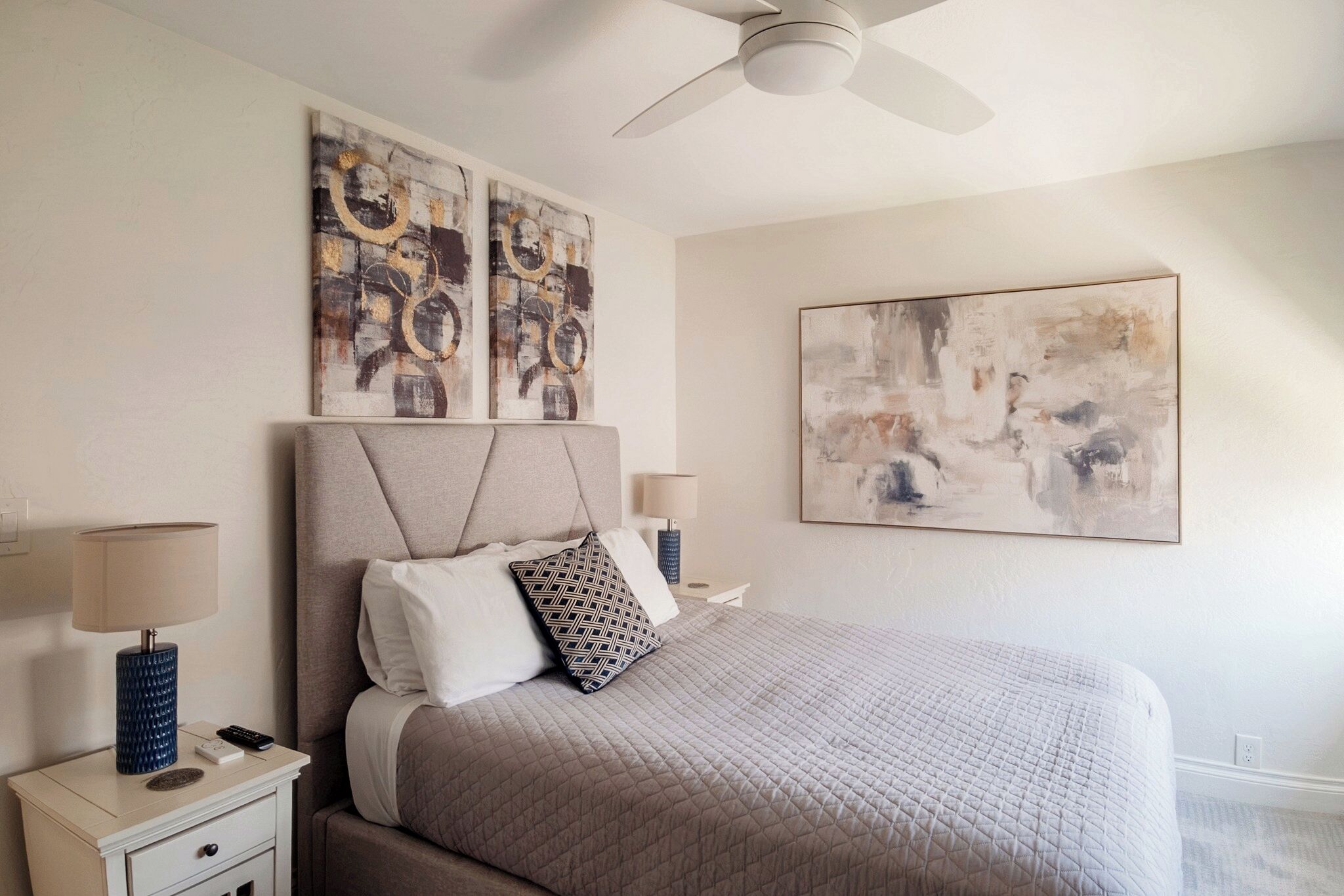2 bedrooms, memory-foam beds, desk, iron/ironing board
