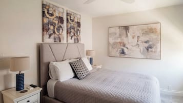 2 bedrooms, memory-foam beds, desk, iron/ironing board