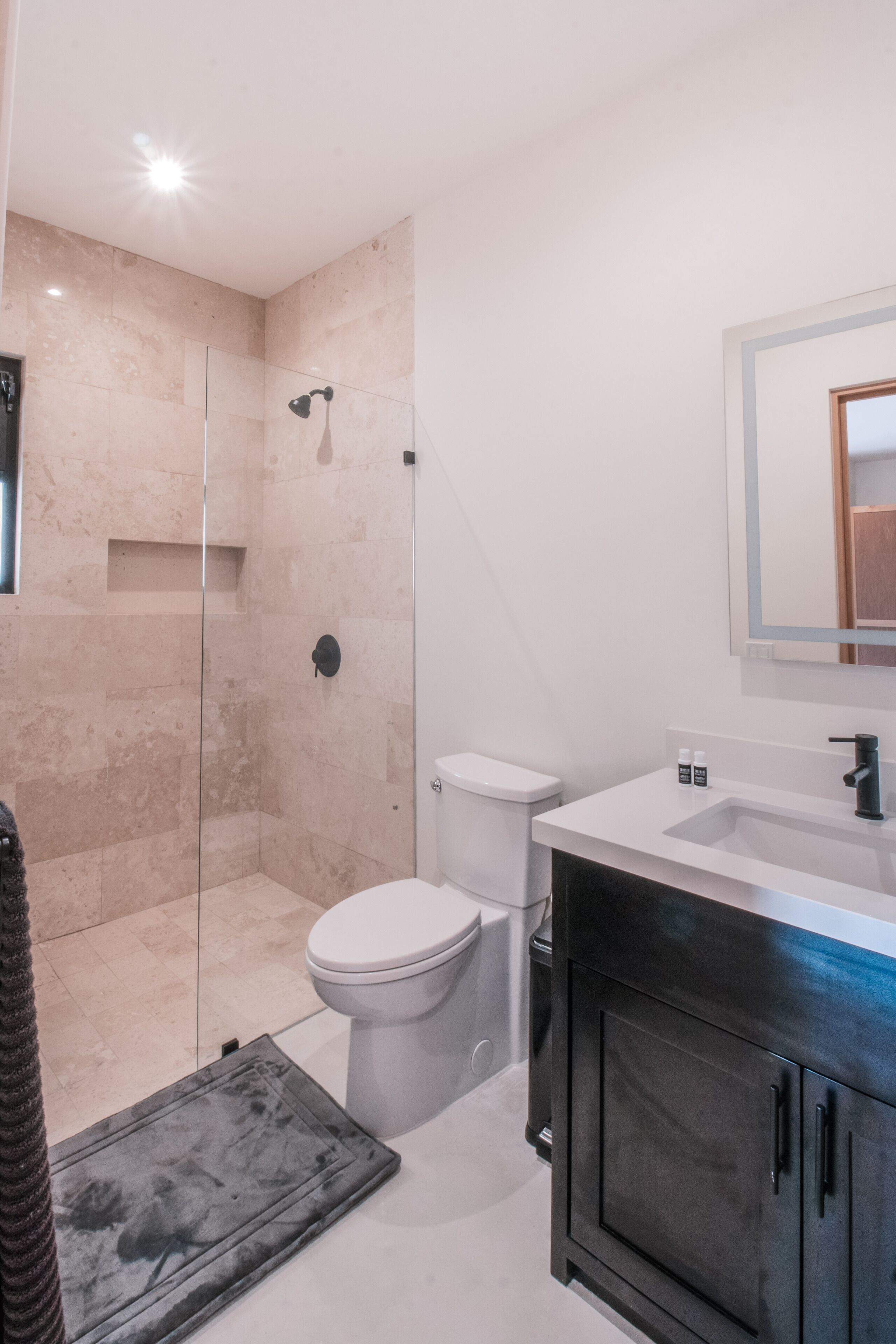 A modern bathroom with a glass-enclosed shower, a toilet, and a vanity with a mirror.
