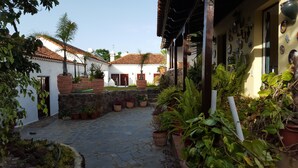 Une cour dallée de pierres, agrémentée de plantes en pot et dotée d’une architecture traditionnelle.