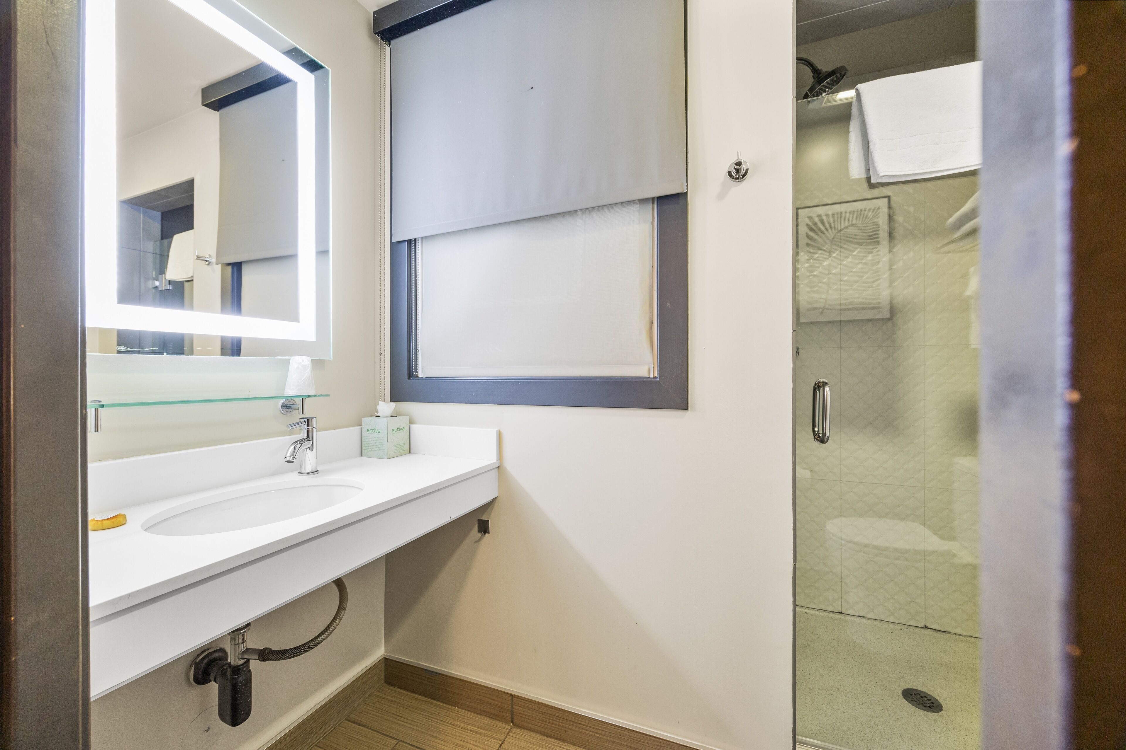 A modern bathroom with a glass shower enclosure, a white sink with a mirror, and a towel rack.