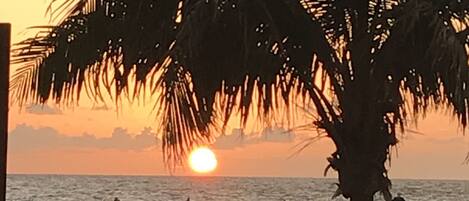On the beach, sun-loungers, beach towels