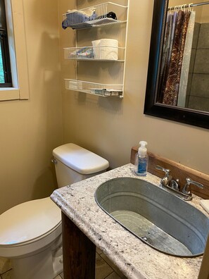 Combined shower/bathtub, hair dryer, towels, soap