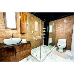Deluxe-Apartment | Badezimmer | Dusche, kostenlose Toilettenartikel, Haartrockner, Handtücher