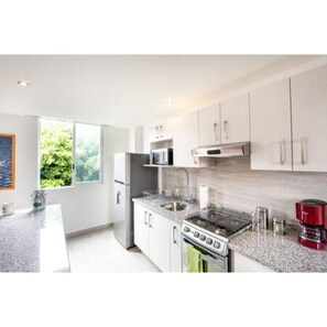 Deluxe-huoneisto | Yksityinen keittiö | Täysikokoinen jääkaappi, mikroaaltouuni, uuni, kahvin-/teenkeitin