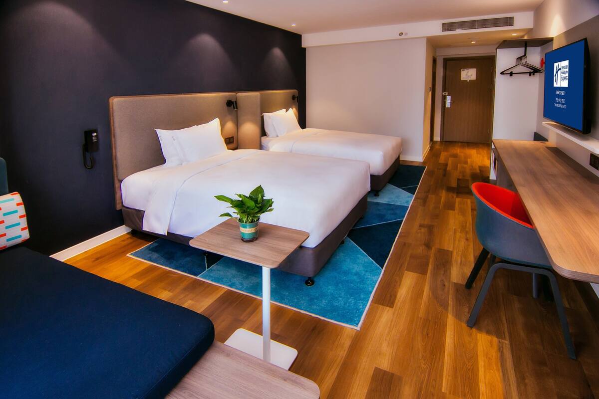 Habitación de hotel con dos camas, un escritorio, un televisor y una planta.