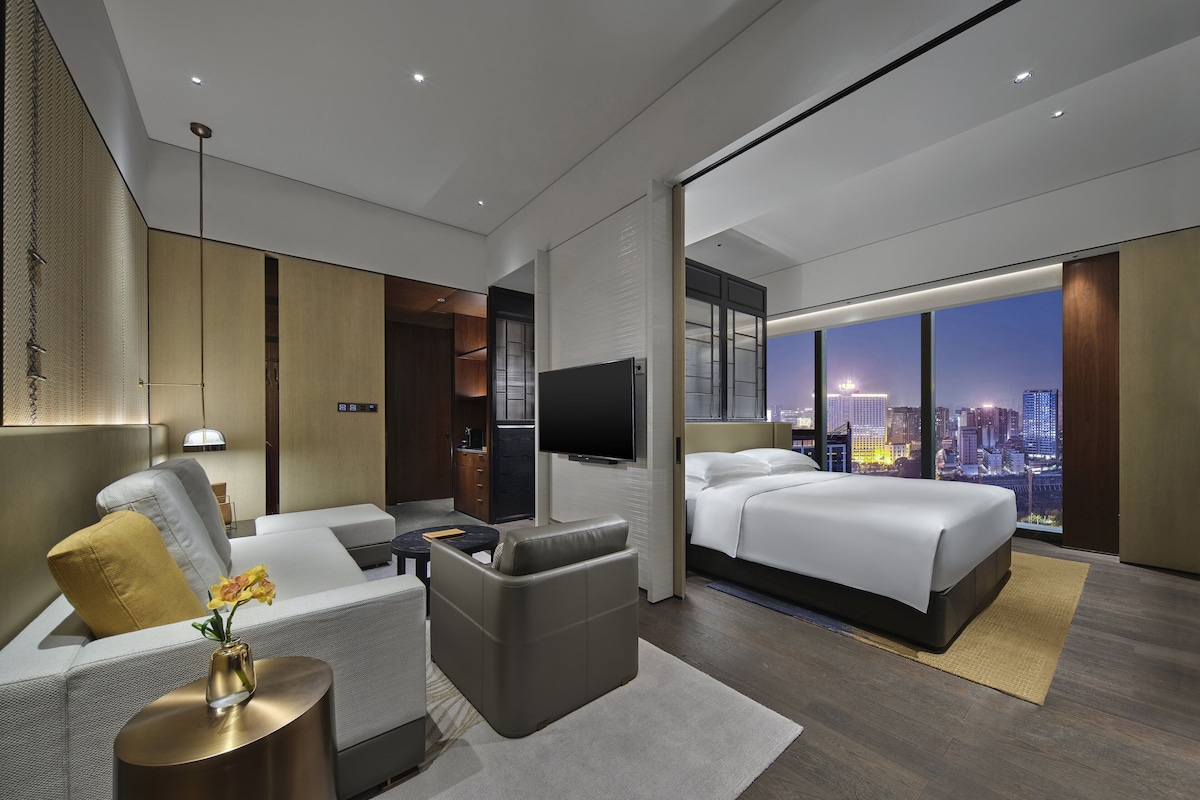 Una habitación de hotel moderna con vista a la ciudad, un sofá, una cama y un televisor.