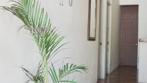 A hallway with a potted plant, a flat-screen TV mounted on the wall, and patterned floor tiles. - Guesthouse Morpho CR (Quepos)