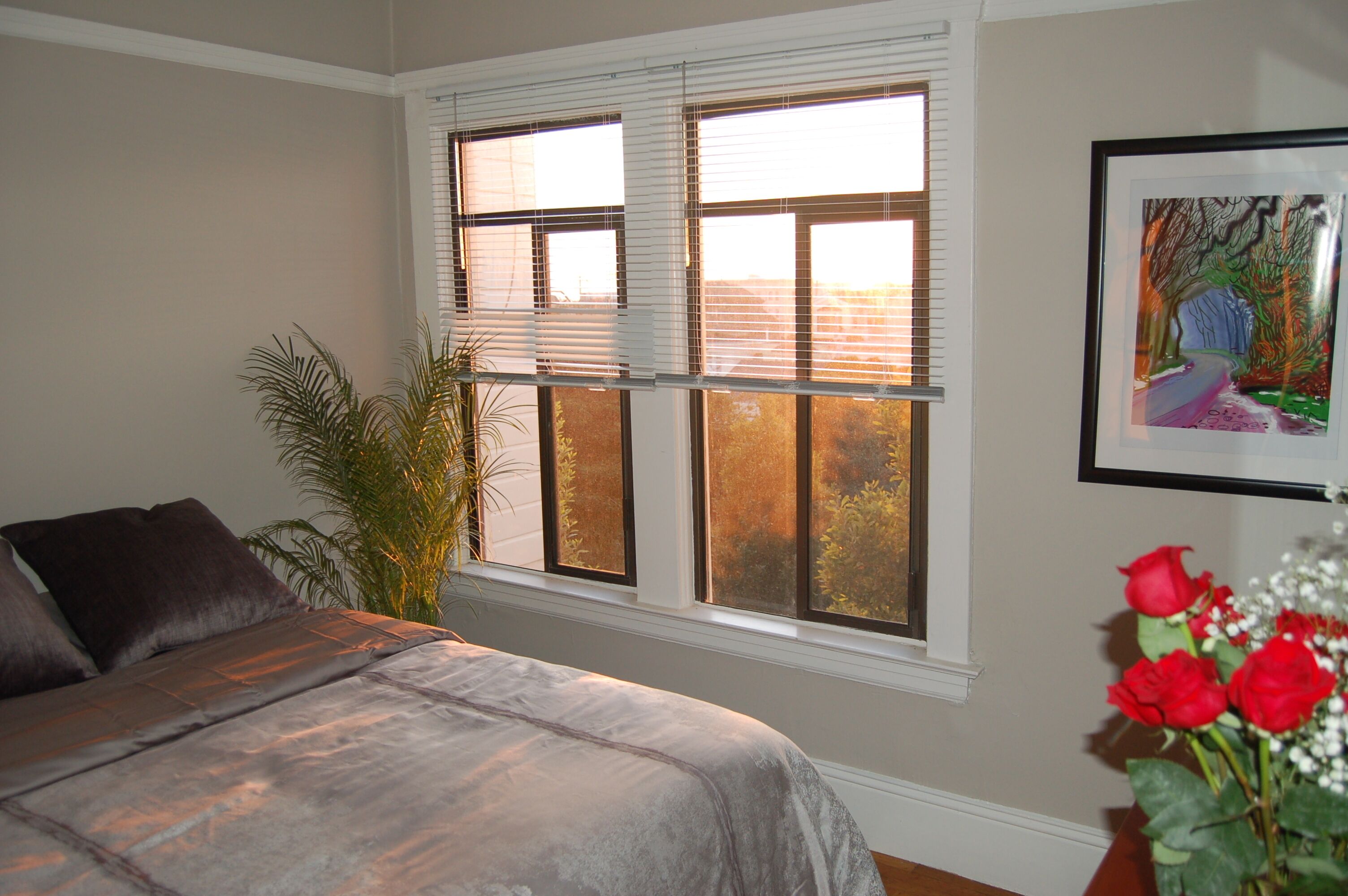 A bedroom with a bed, a window with blinds, a plant, and a framed picture on the wall.