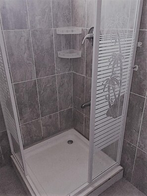 Ensemble douche/baignoire, serviettes fournies, savon, papier toilette