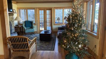 Smart TV, fireplace, books, video library