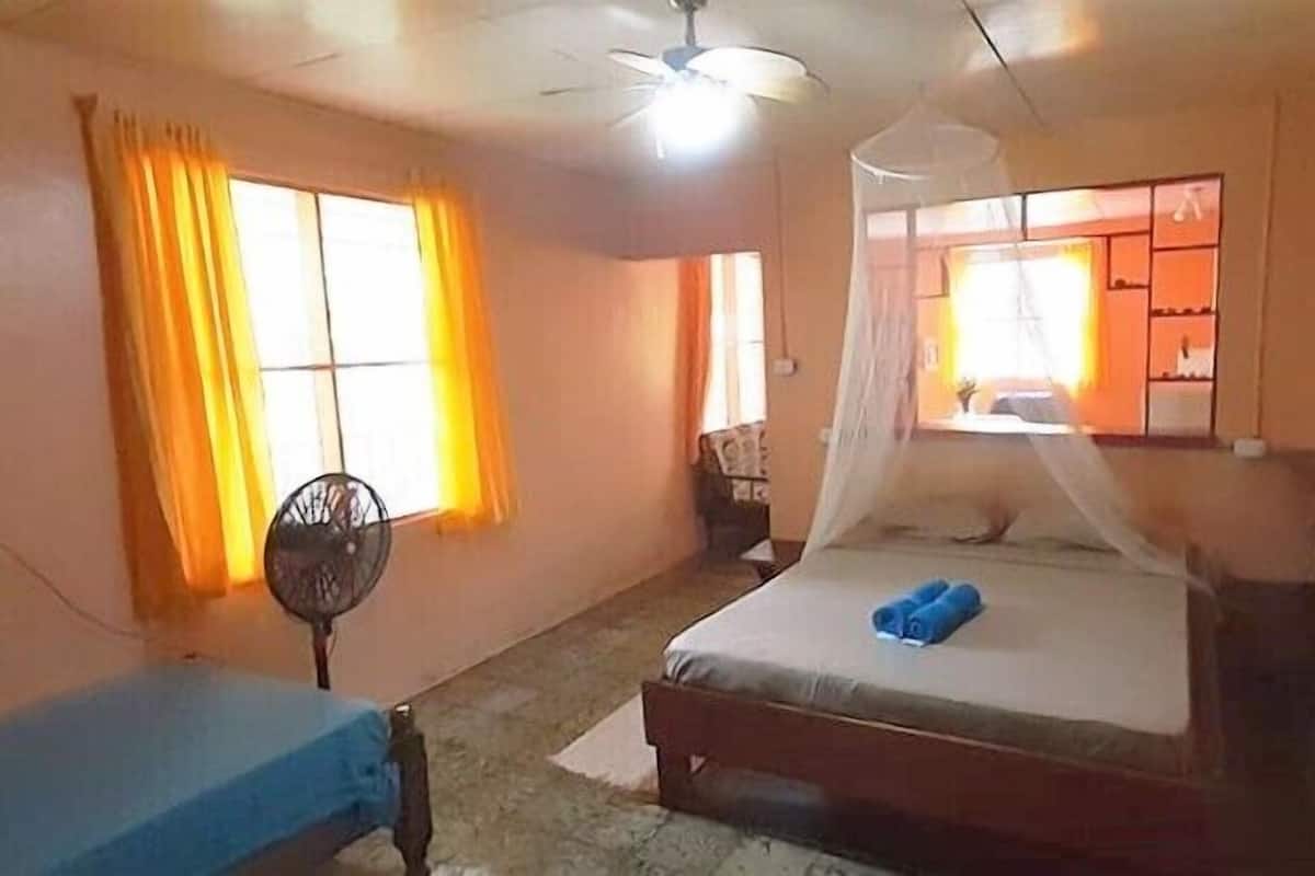 A bedroom with a bed, a bedside table, a fan, and a window with curtains.