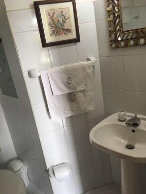 Chuveiro, toalhas de banho, sabonete, papel higiênico