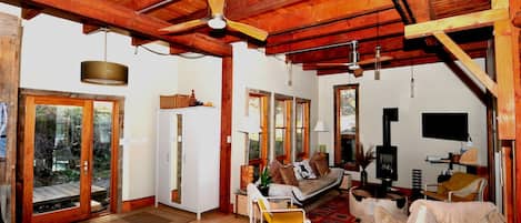 TV, fireplace, DVD player, books