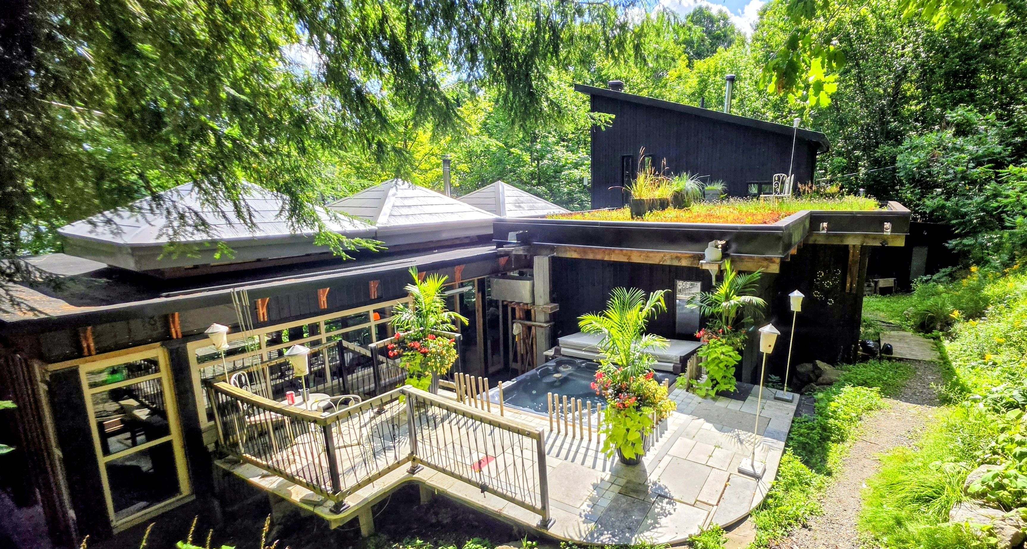 A modern outdoor space with a pool, a deck, and a building with a green roof.