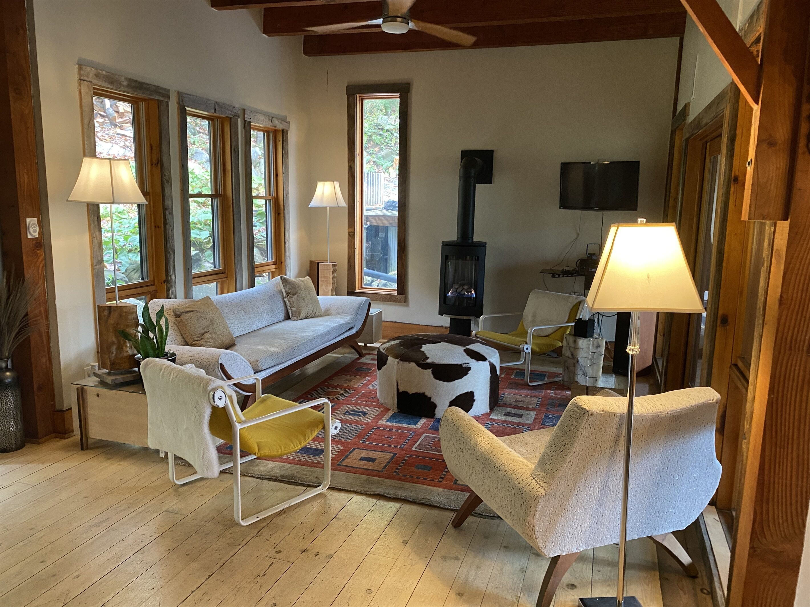 Smart TV, fireplace, DVD player, books