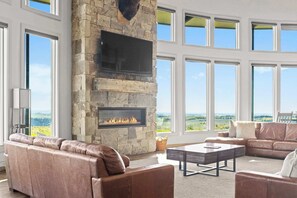 TV, fireplace, video games, DVD player