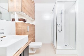Douche, séchoir à cheveux, serviettes fournies, shampooing