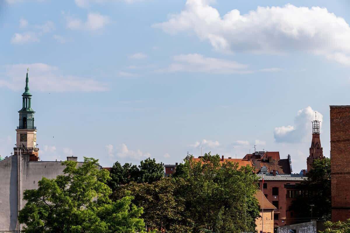 Stadsgezicht met een opvallende toren en een kerktoren.