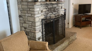 TV, fireplace, DVD player, books