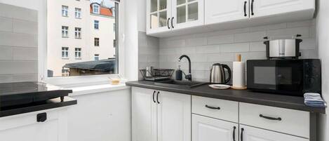 Fridge, microwave, stovetop, electric kettle